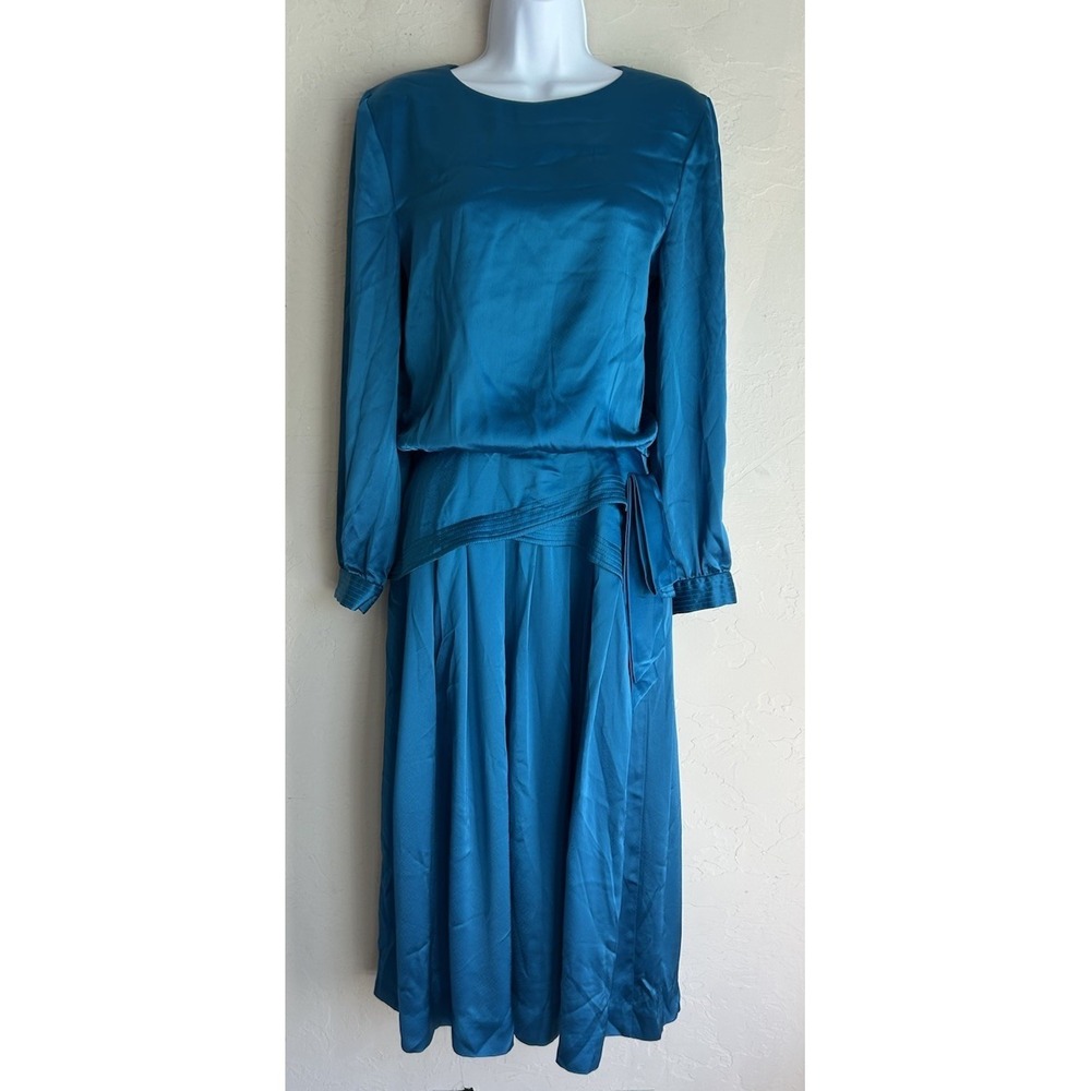 Vintage 70s 80s Joan Sparks Daniel Barrett Teal Satin Midi Dress‎ 8 Art Deco